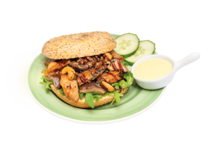 Lauwwarme herfstbagel met vega teriyaki kip